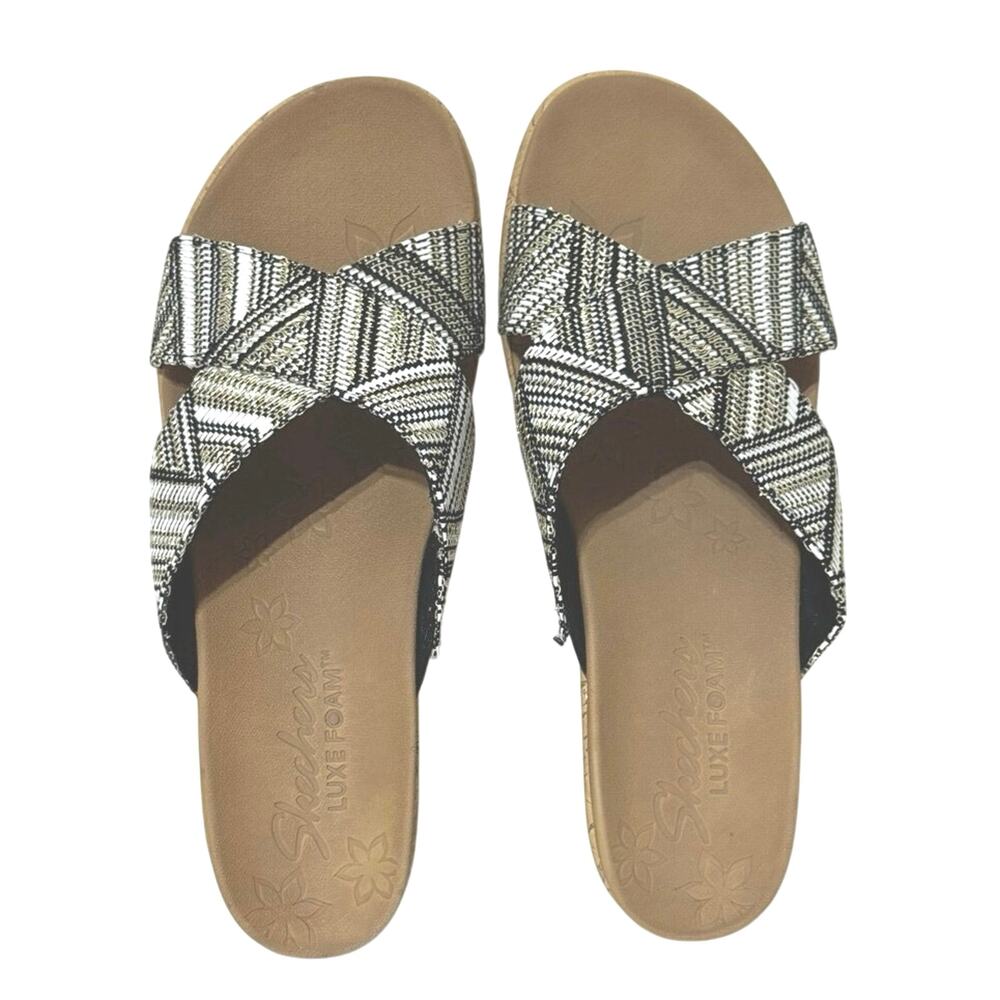 Skechers Womens Beverlee Golden Palace Wedge Sandal Size 10 Black Gold 57331